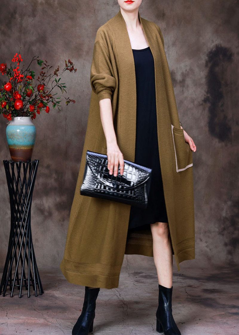 Plus Size Gul V-hals Udhulede Lommer Strik Cardigans Lange Ærmer
