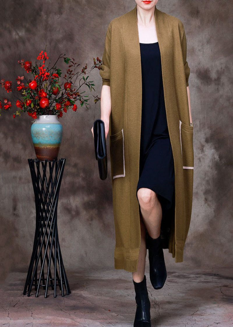 Plus Size Gul V-hals Udhulede Lommer Strik Cardigans Lange Ærmer - Dame cardigans