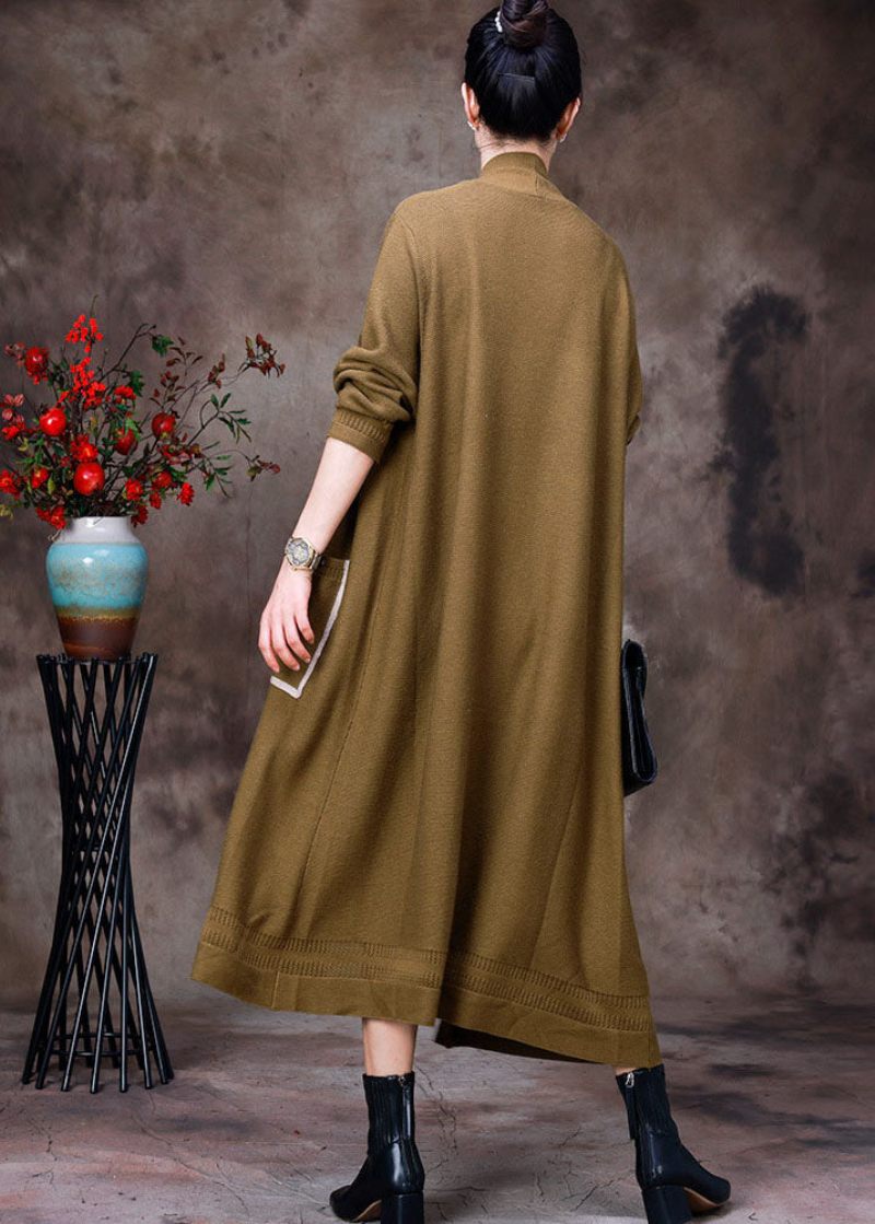 Plus Size Gul V-hals Udhulede Lommer Strik Cardigans Lange Ærmer - Dame cardigans