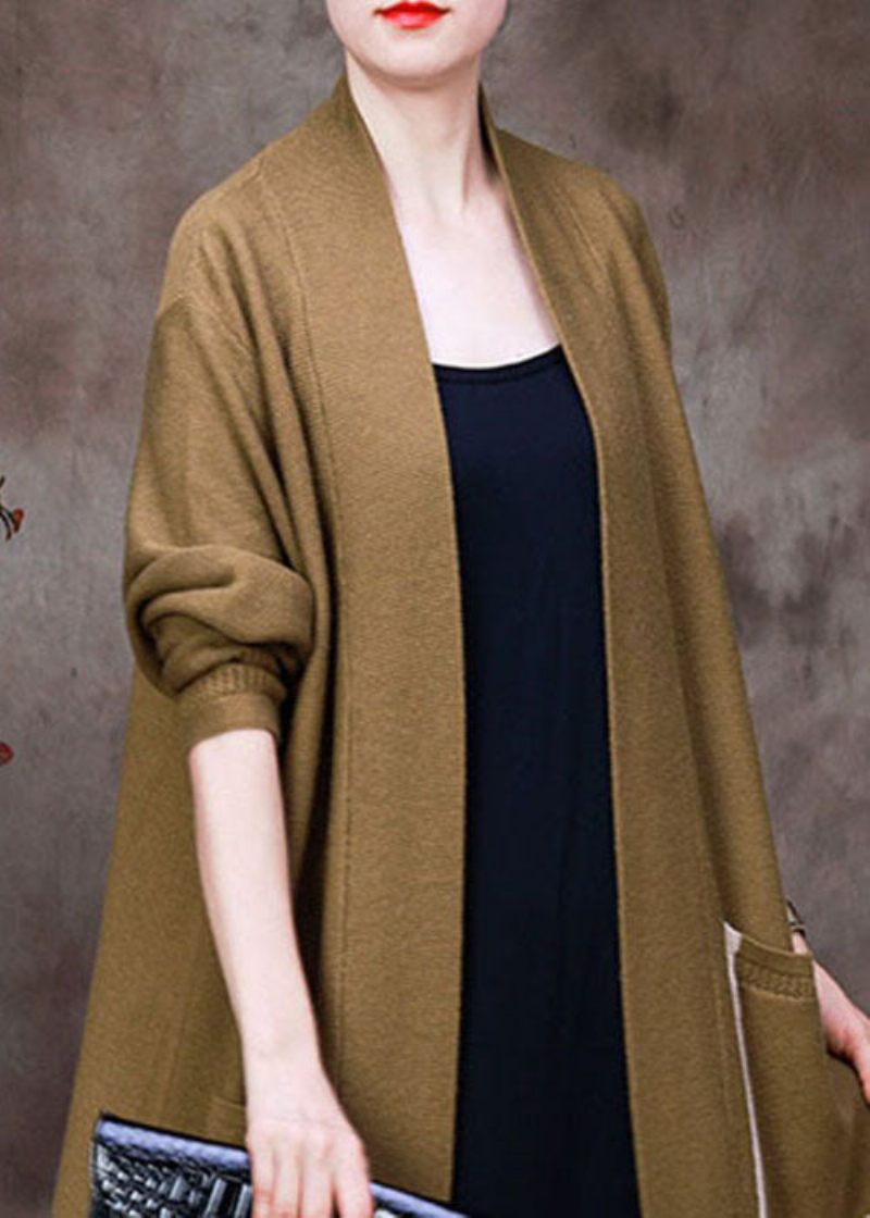 Plus Size Gul V-hals Udhulede Lommer Strik Cardigans Lange Ærmer - Dame cardigans