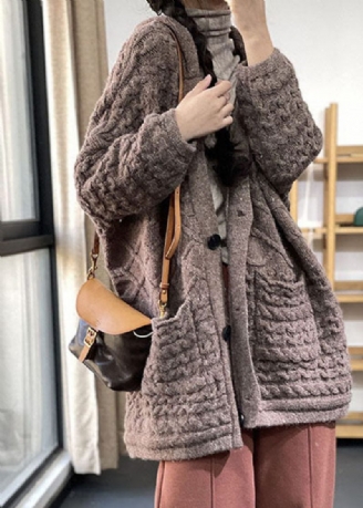 Plus Size Khaki V-hals Kabel Kanin Hår Strik Løse Cardigans Vinter