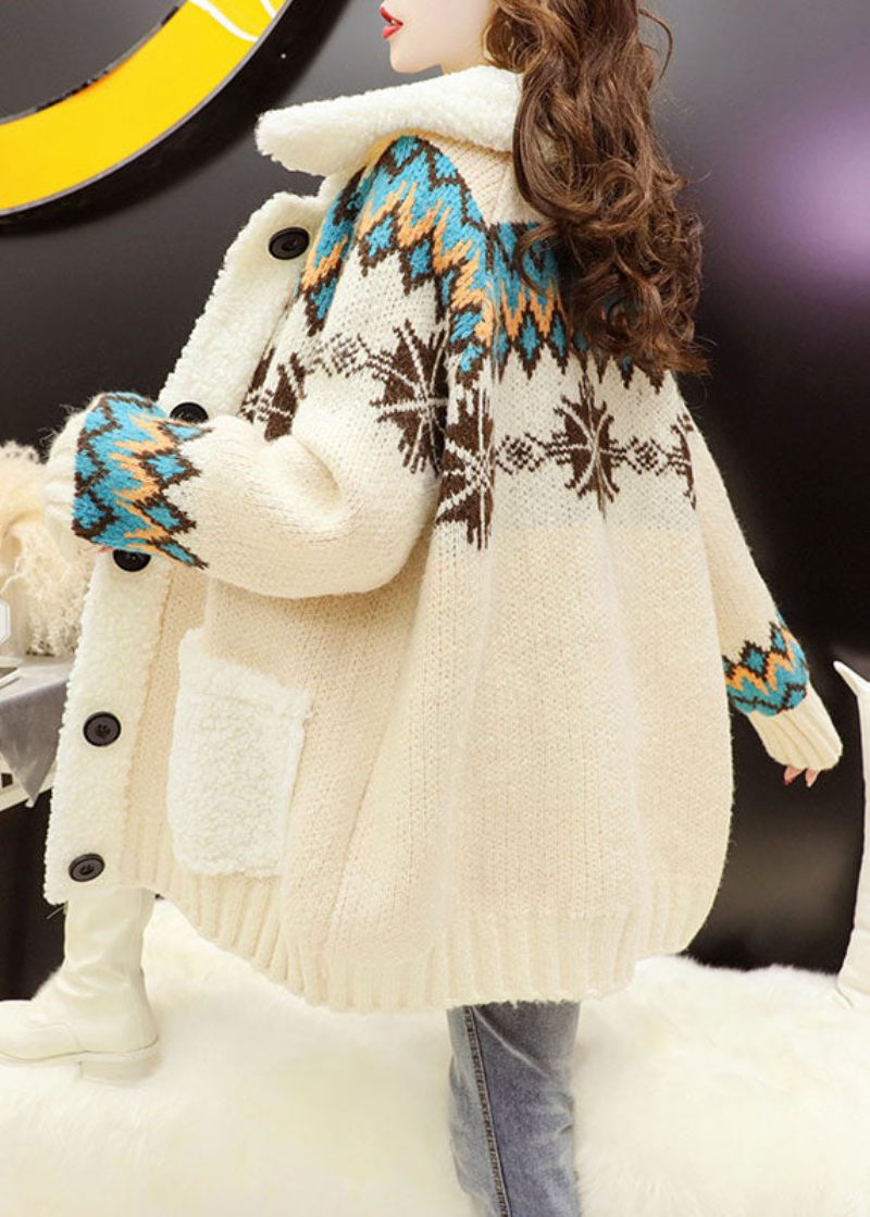 Simpel Beige Peter Pan Krave Knap Vinter Strik Sweater Frakke - Dame cardigans