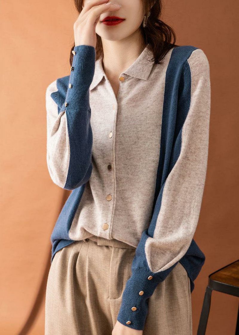 Smuk Colorblock Peter Pan Collar Patchwork Cashmere Cardigans Forår