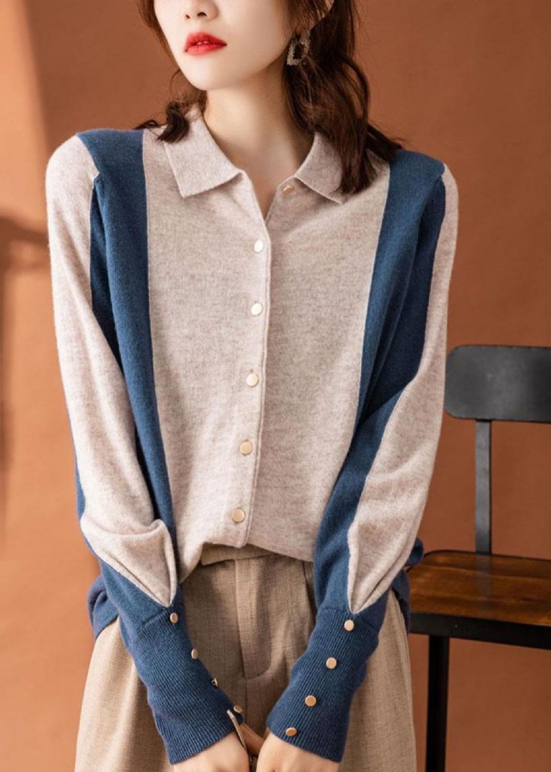 Smuk Colorblock Peter Pan Collar Patchwork Cashmere Cardigans Forår - Dame cardigans