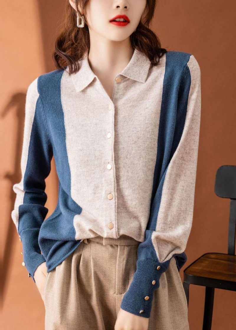 Smuk Colorblock Peter Pan Collar Patchwork Cashmere Cardigans Forår - Dame cardigans