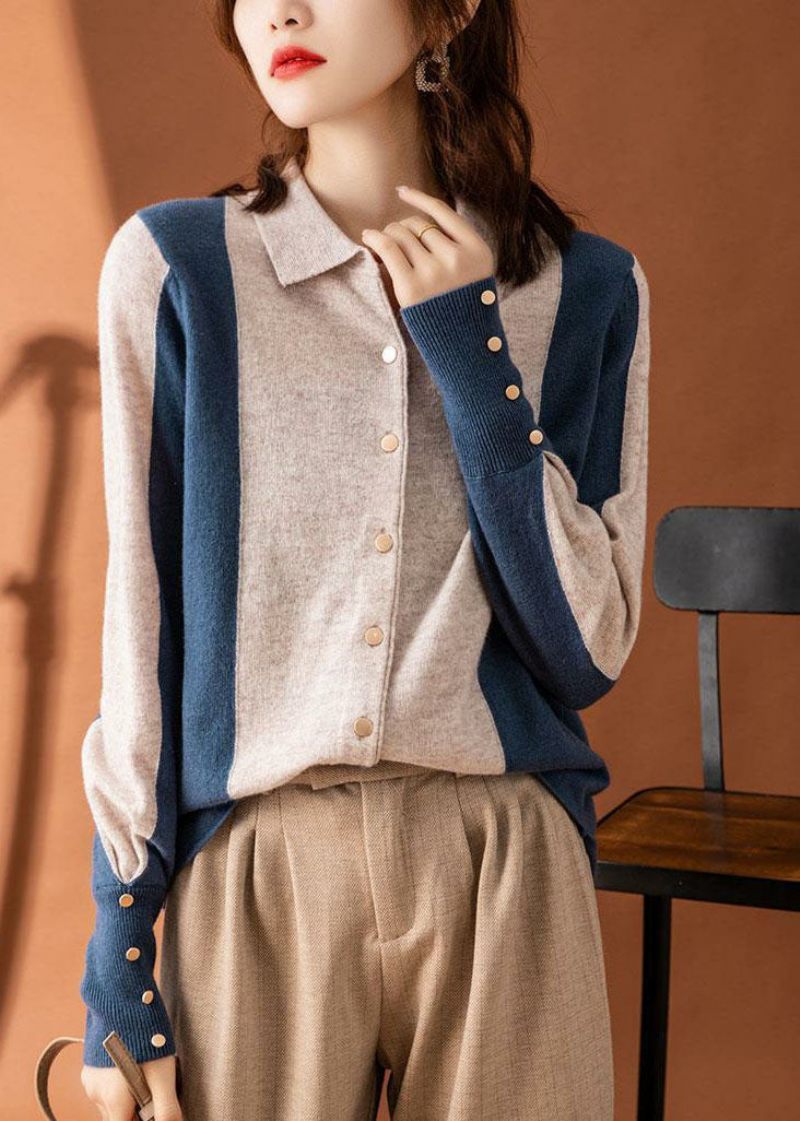 Smuk Colorblock Peter Pan Collar Patchwork Cashmere Cardigans Forår - Dame cardigans
