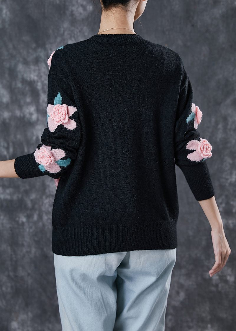 Sort Hyggelig Strik Cardigans Stereoskopisk Blomsterfjeder - Dame cardigans