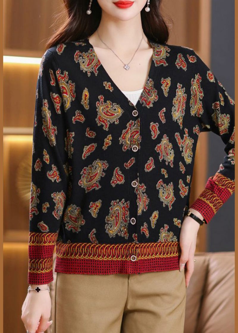 Sort Print Hyggelig Uldstrikket Cardigan V-hals Langærmet - Dame cardigans