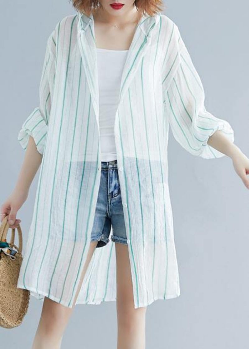 Stil Hætte Chiffon Tunika Work Grønne Stribede Skjorter Sommer - Grøn