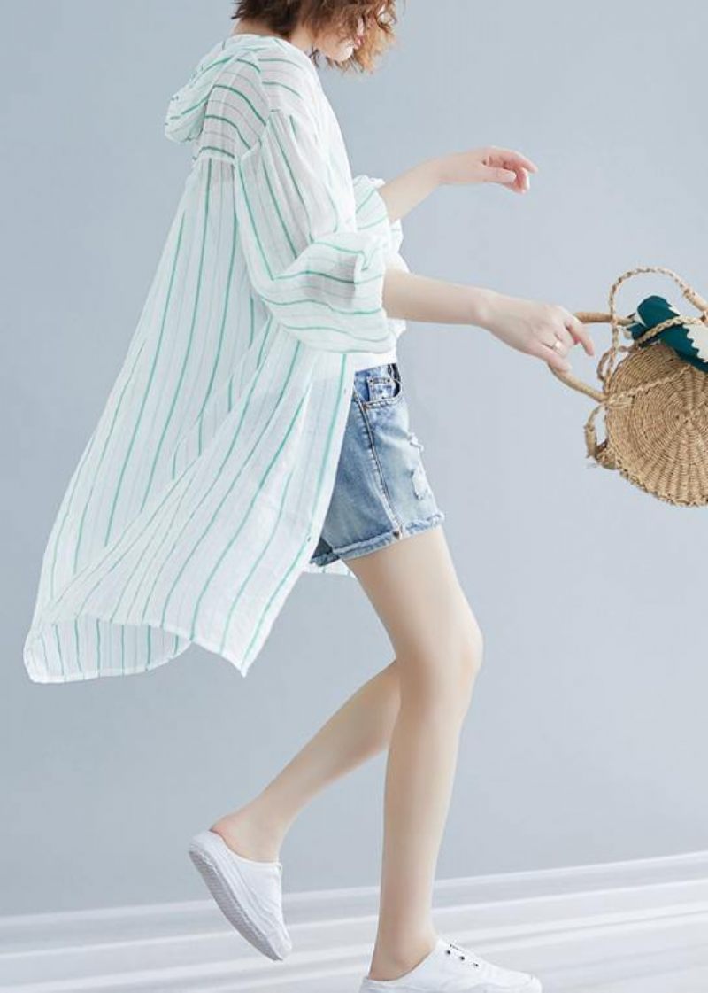 Stil Hætte Chiffon Tunika Work Grønne Stribede Skjorter Sommer - Grøn