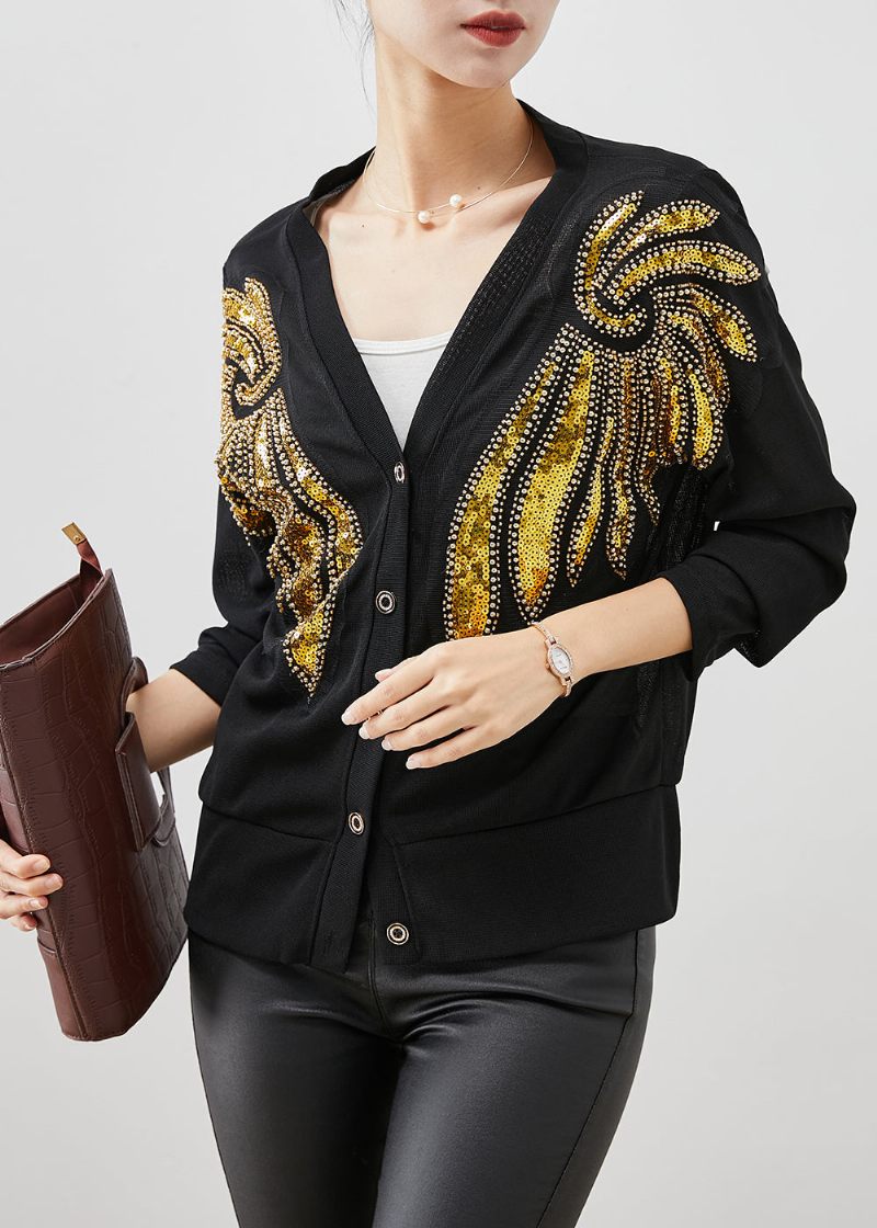 Stil Sorte Pailletter Button Down Bomuld Cardigan Fall - Dame cardigans