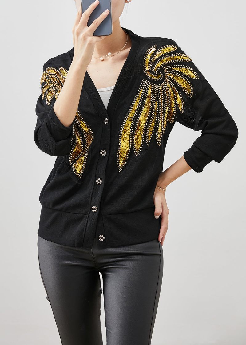 Stil Sorte Pailletter Button Down Bomuld Cardigan Fall - Dame cardigans