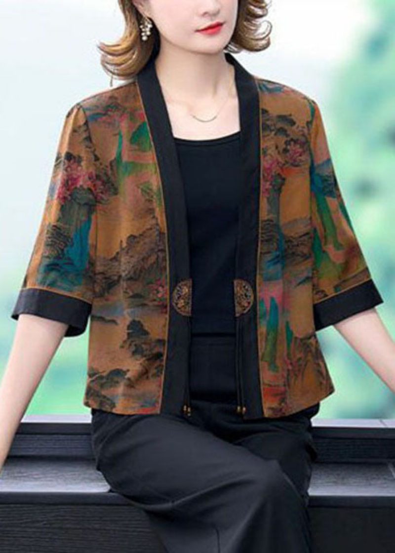 Stilfuld Khaki Oversized Print Silke Cardigan Halværmet