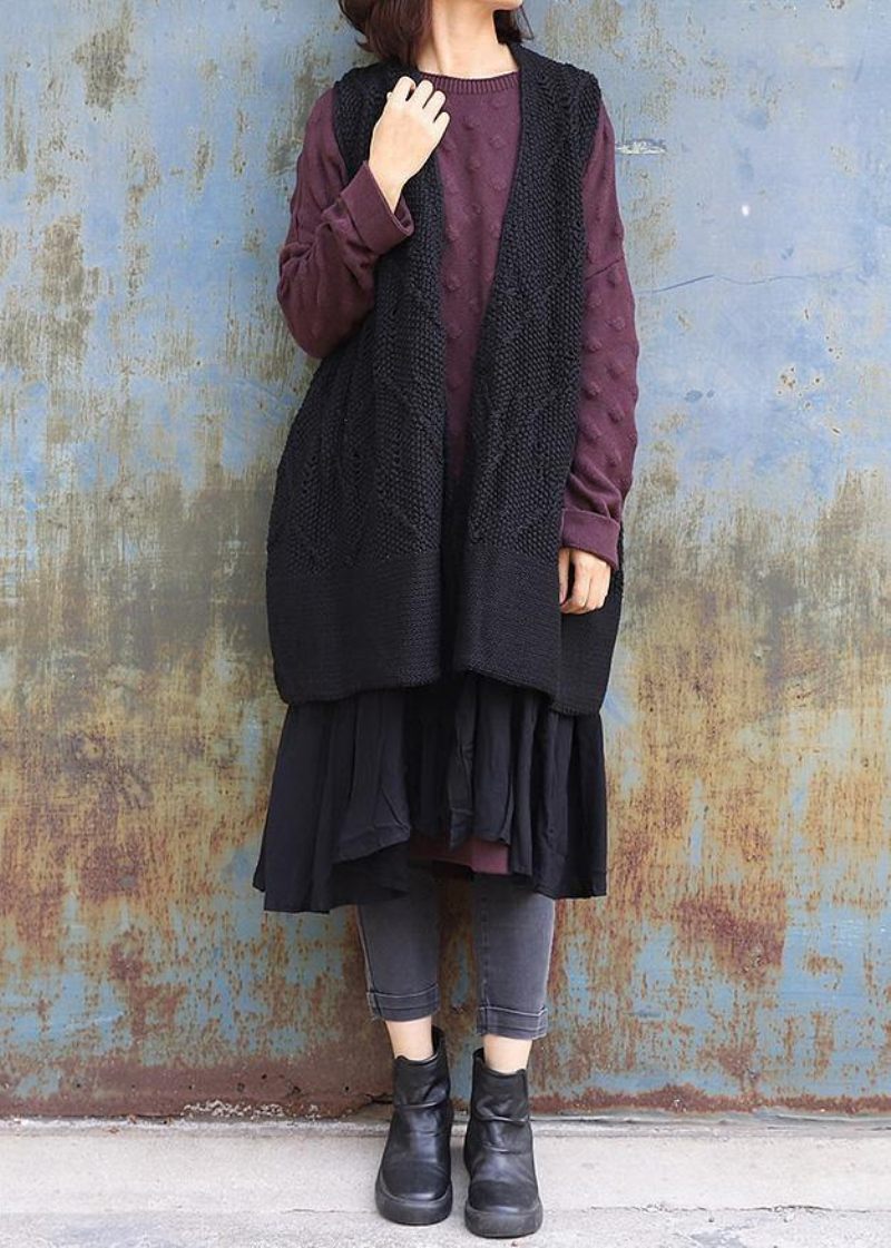 Vintage Ærmeløs Strik Oversize Sorte Udhulede Cardigans