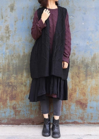 Vintage Ærmeløs Strik Oversize Sorte Udhulede Cardigans