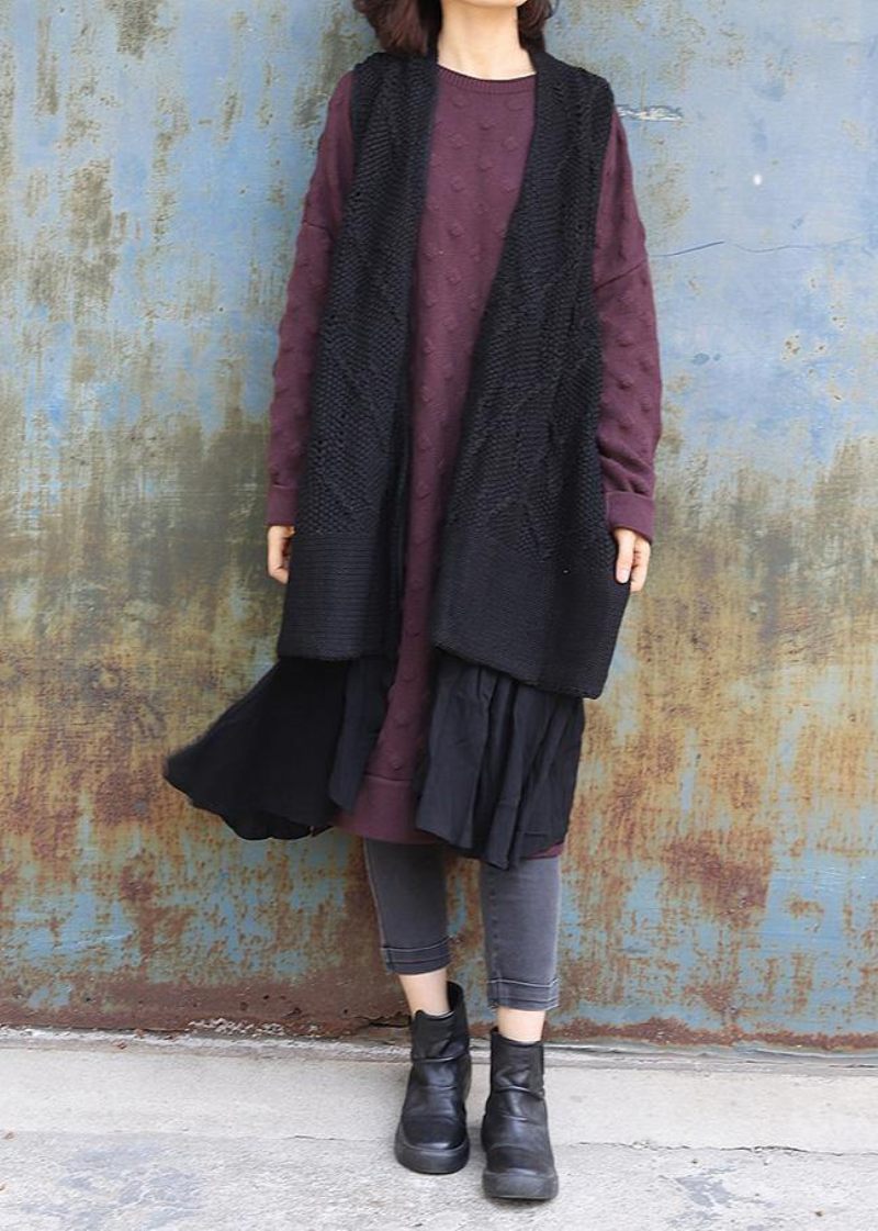 Vintage Ærmeløs Strik Oversize Sorte Udhulede Cardigans - Rød