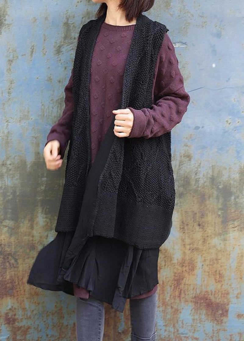 Vintage Ærmeløs Strik Oversize Sorte Udhulede Cardigans - Rød