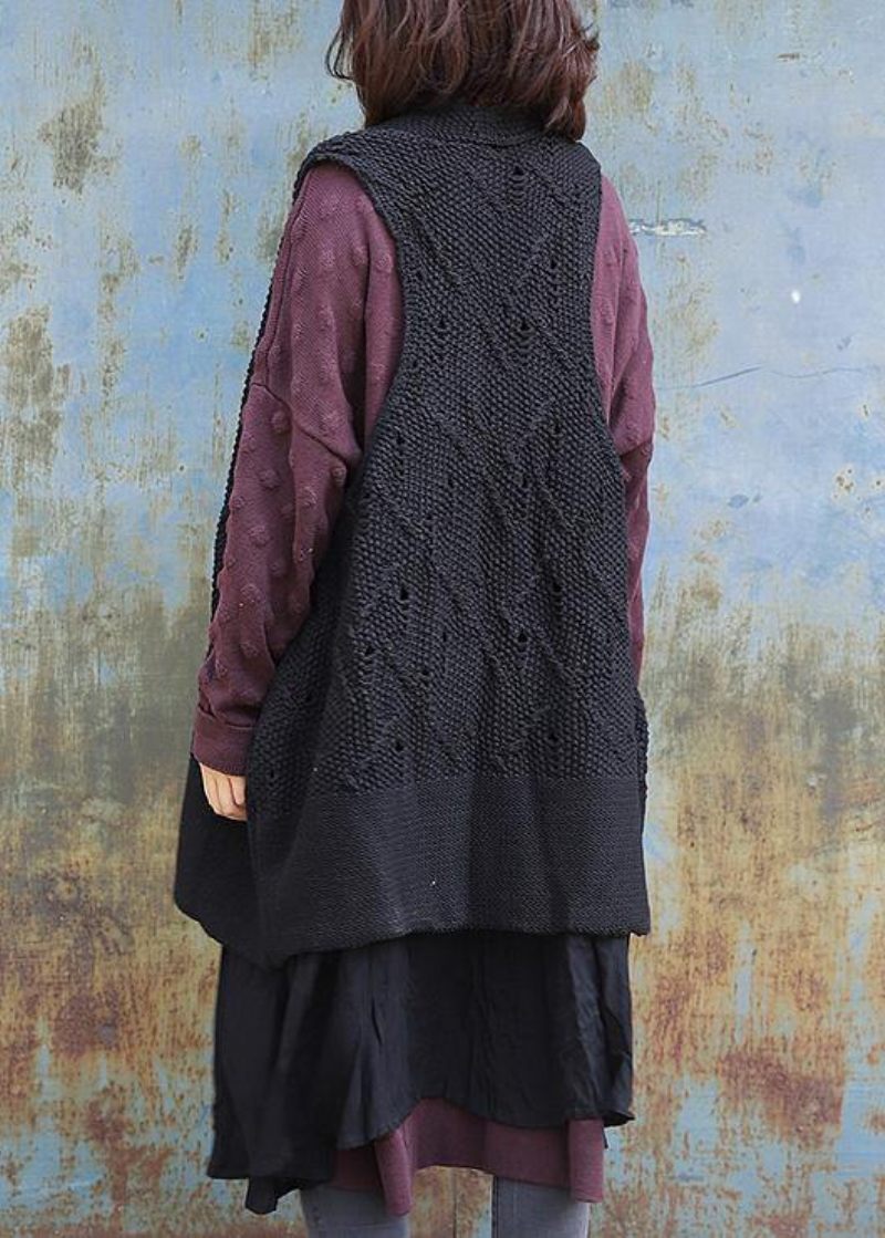 Vintage Ærmeløs Strik Oversize Sorte Udhulede Cardigans - Rød