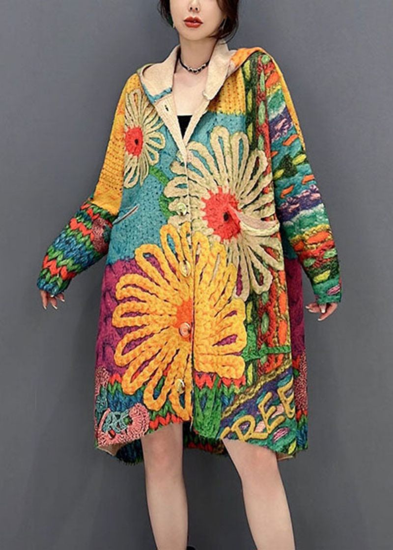 Vintage Colorblock Hættetryk Strik Løse Frakker Efterår - Dame cardigans