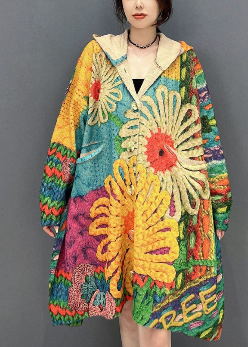 Vintage Colorblock Hættetryk Strik Løse Frakker Efterår - Dame cardigans