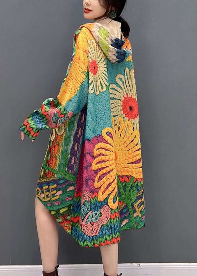 Vintage Colorblock Hættetryk Strik Løse Frakker Efterår - Dame cardigans