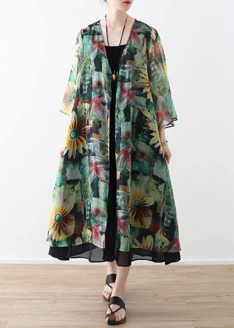 Vintage Grøn Print Oversized V-hals Baggy Cardigans