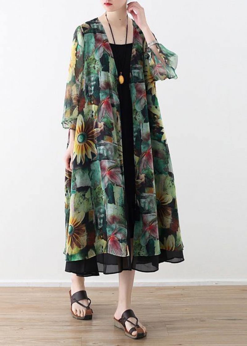 Vintage Grøn Print Oversized V-hals Baggy Cardigans - Dame cardigans