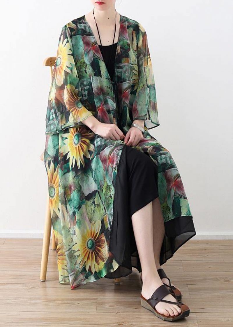 Vintage Grøn Print Oversized V-hals Baggy Cardigans - Dame cardigans
