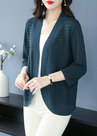 Vintage Sea Blue V-hals Patchwork Solid Ice Størrelse Strik Cardigan Armbånd Sleeve