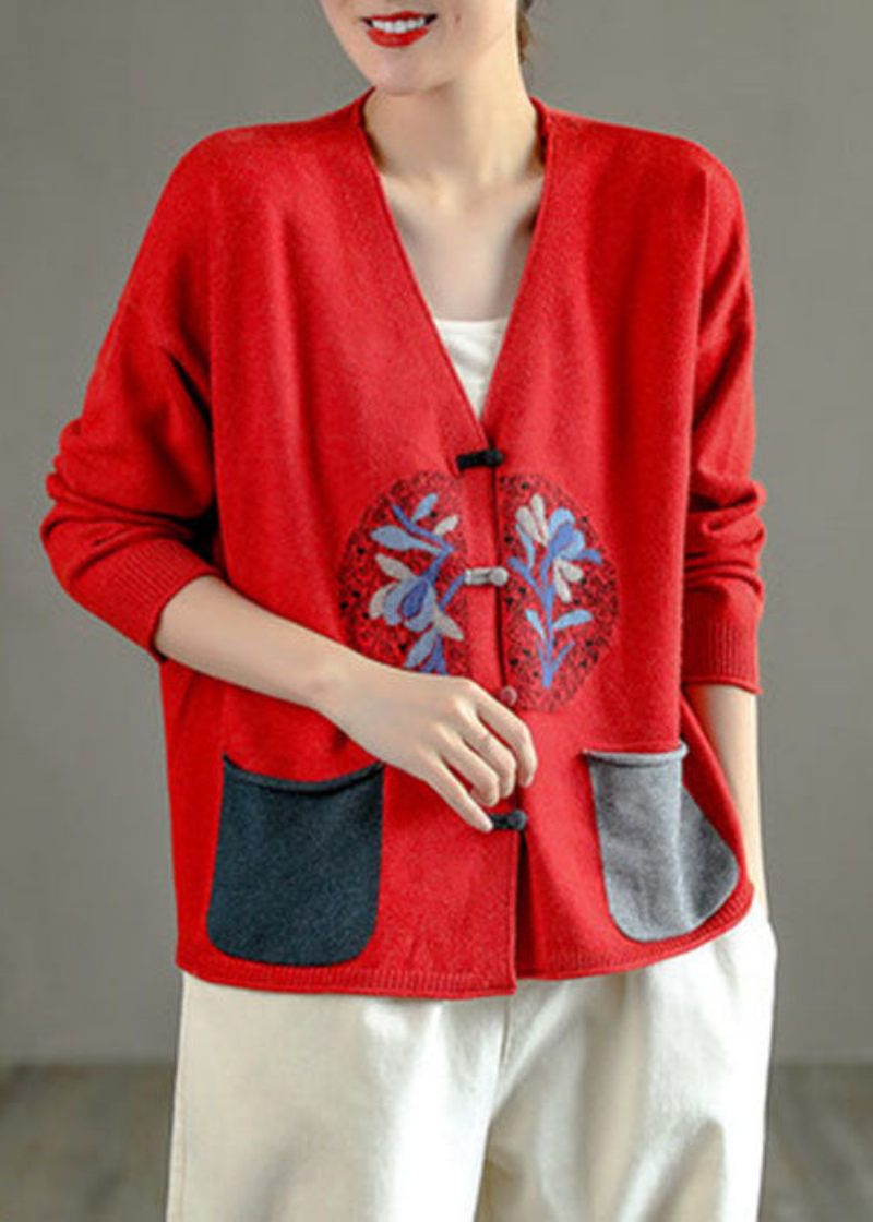 Vintage Sortlig Grøn V-hals Patchwork Kinesisk Knap Strik Cardigans Forår - Dame cardigans