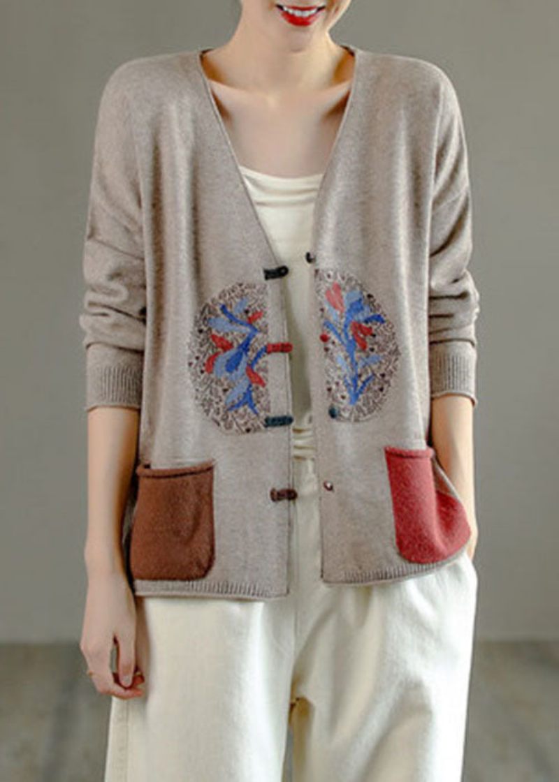 Vintage Sortlig Grøn V-hals Patchwork Kinesisk Knap Strik Cardigans Forår - Dame cardigans