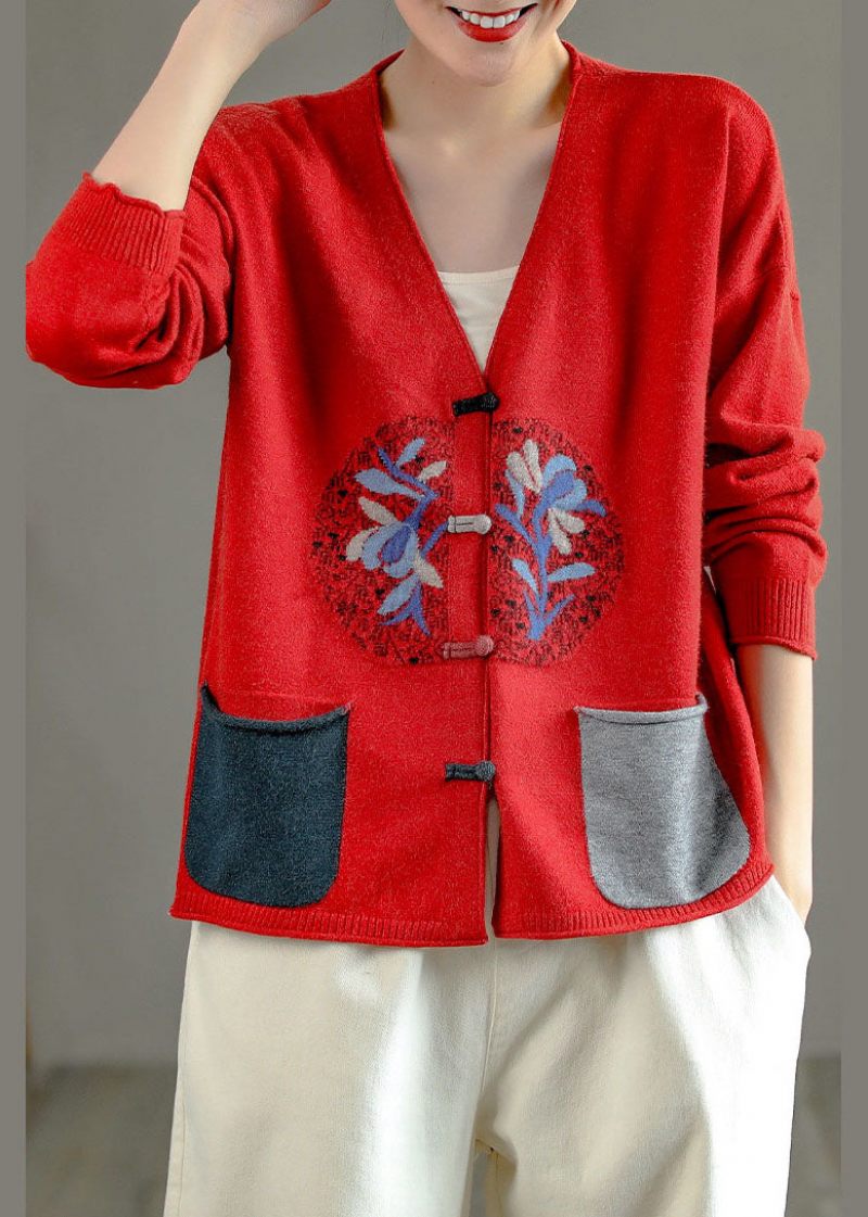 Vintage Sortlig Grøn V-hals Patchwork Kinesisk Knap Strik Cardigans Forår - Dame cardigans