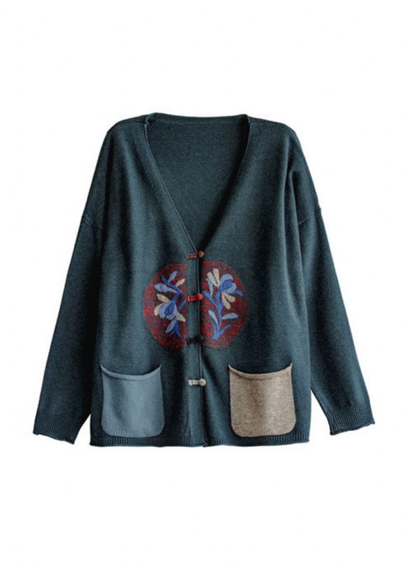 Vintage Sortlig Grøn V-hals Patchwork Kinesisk Knap Strik Cardigans Forår - Dame cardigans