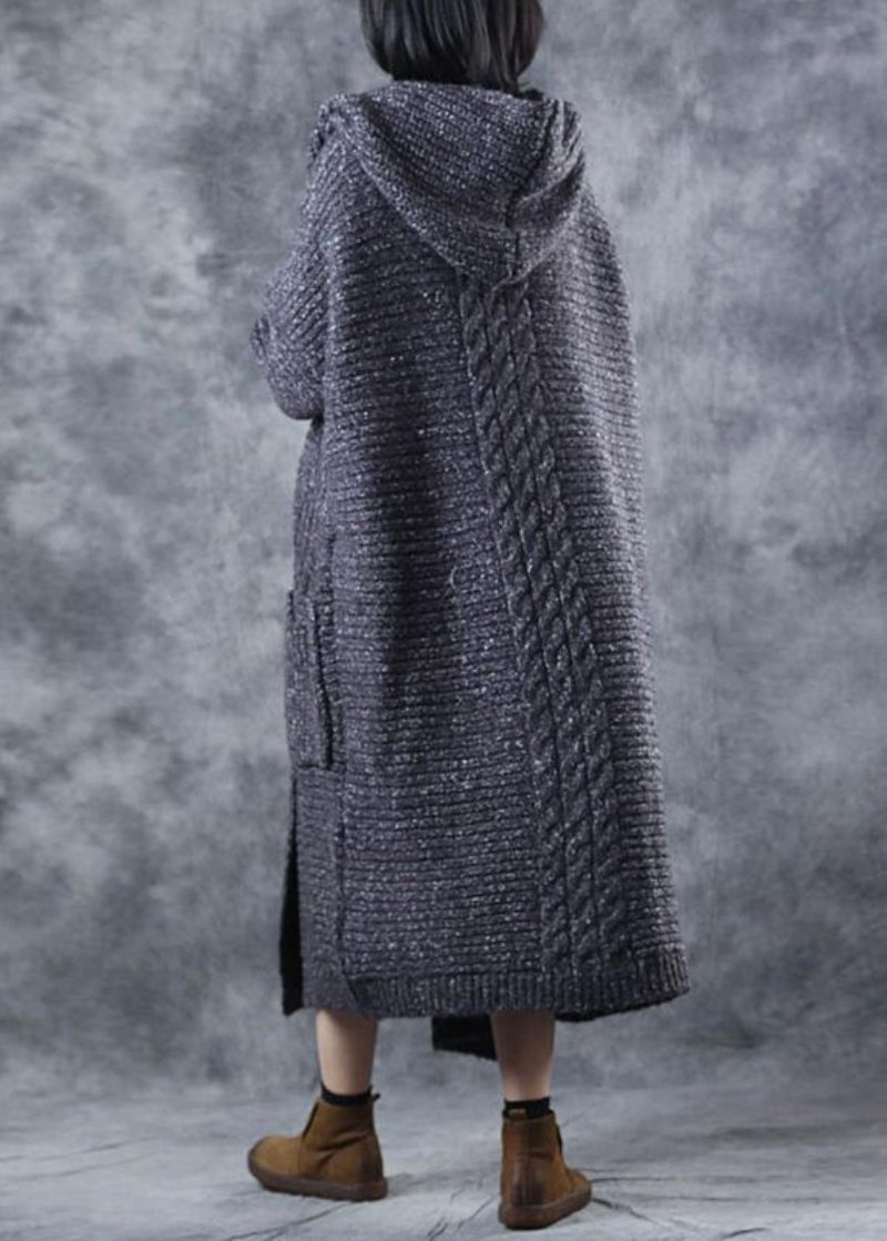 Vinter Hætte Strik Plus Size Tøj Grå Tykke Store Lommer Strikkede Cardigans - Dame cardigans