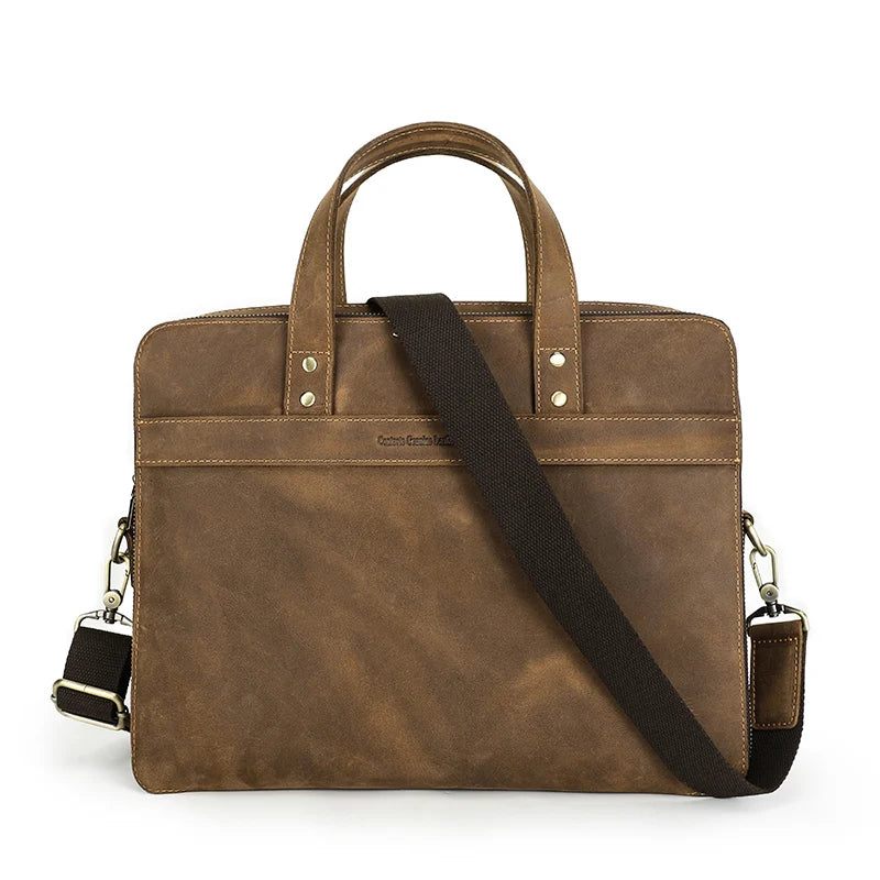 Ægte Læder Mænd Dokumentmappe Vintage Stor Bærbar Taske Til 14 Tommer Skulder Messenger Tasker Mandlige - Kaffe