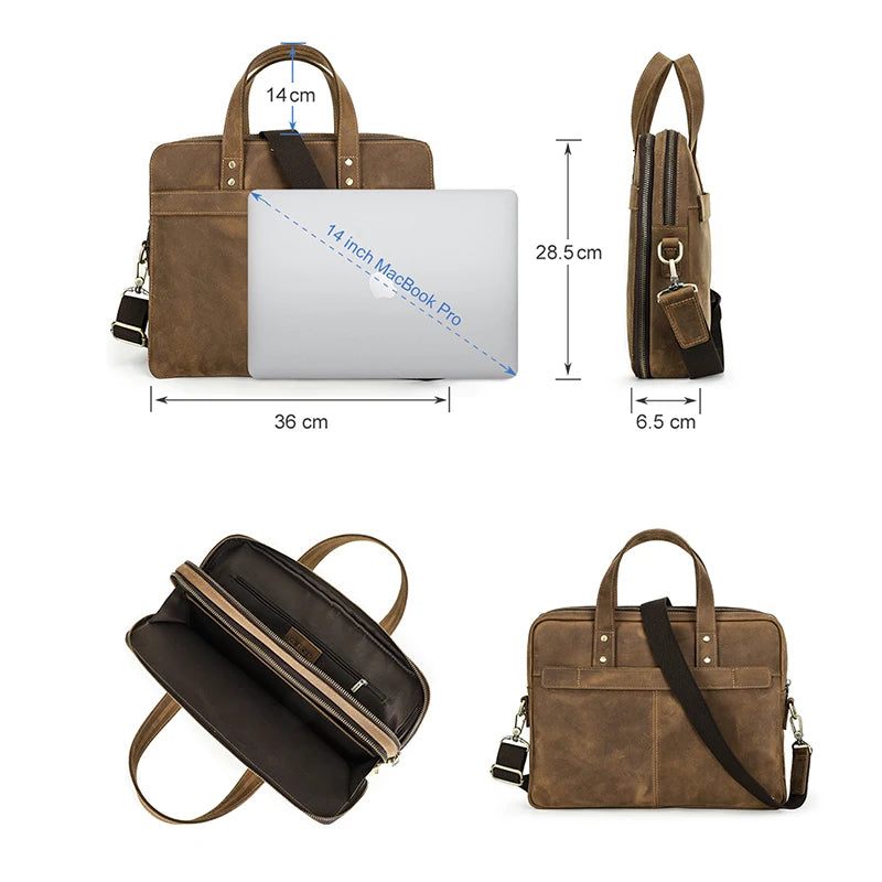 Ægte Læder Mænd Dokumentmappe Vintage Stor Bærbar Taske Til 14 Tommer Skulder Messenger Tasker Mandlige - Kaffe