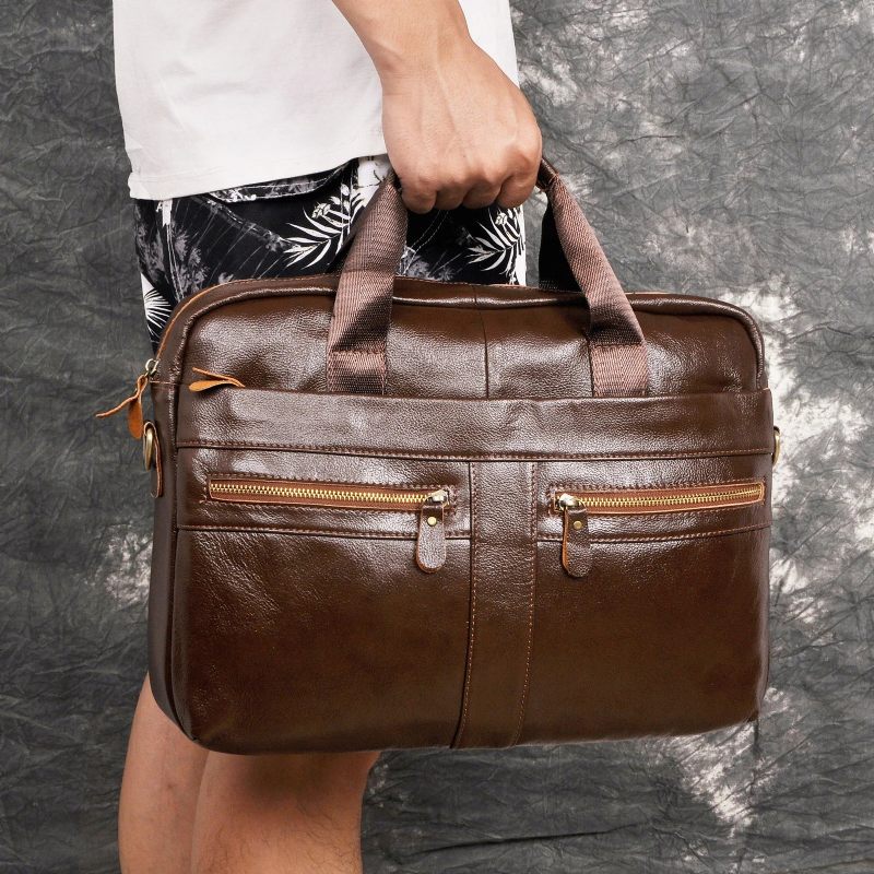Mænd Læder Retro Rejsemappe Business 15.6 Tommer Bærbar Taske Design Messenger Bag - Brun