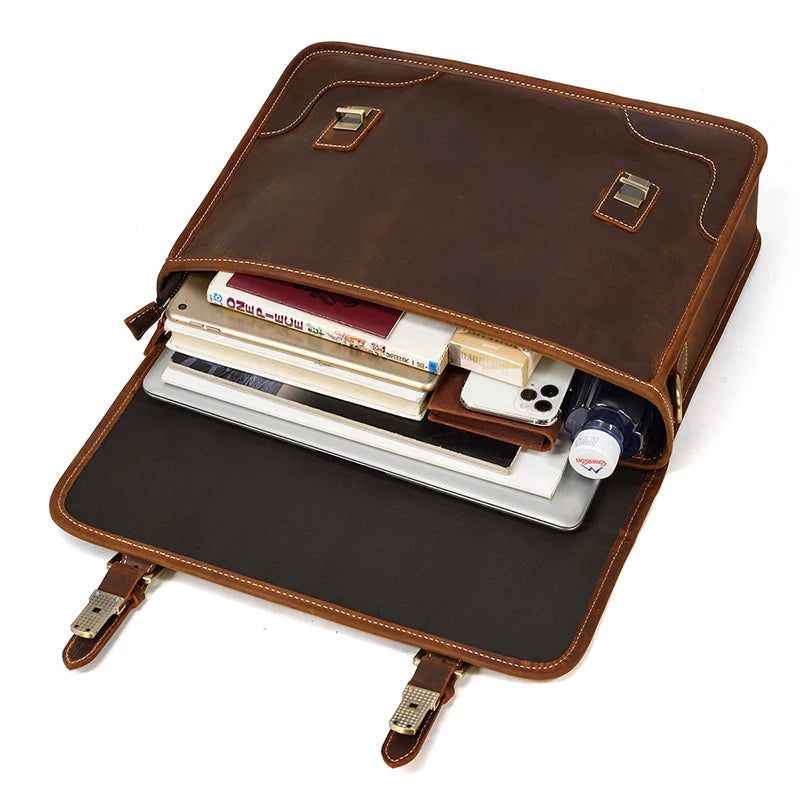 Vintage Mænds Dokumentmappe Ægte Læder 15.6 Tommer Pc Bærbar Taske Business Messenger - Brun