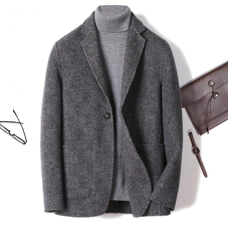 Cashmere Uld Plaid Frakke Mænd Efterår Og Vinter Uld Jakke Grå Trench Coats Smart Casual Overfrakke Trendy Herretøj - Grå