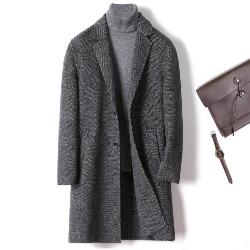 Cashmere Uld Plaid Frakke Mænd Efterår Og Vinter Uld Jakke Grå Trench Coats Smart Casual Overfrakke Trendy Herretøj - Grå