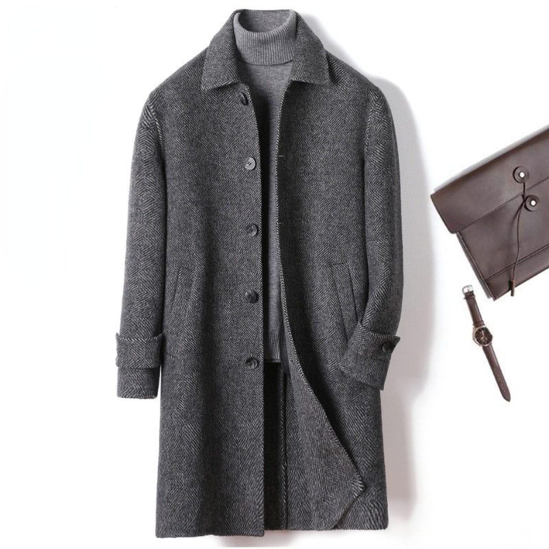 Cashmere Uld Plaid Frakke Mænd Efterår Og Vinter Uld Jakke Grå Trench Coats Smart Casual Overfrakke Trendy Herretøj - Grå