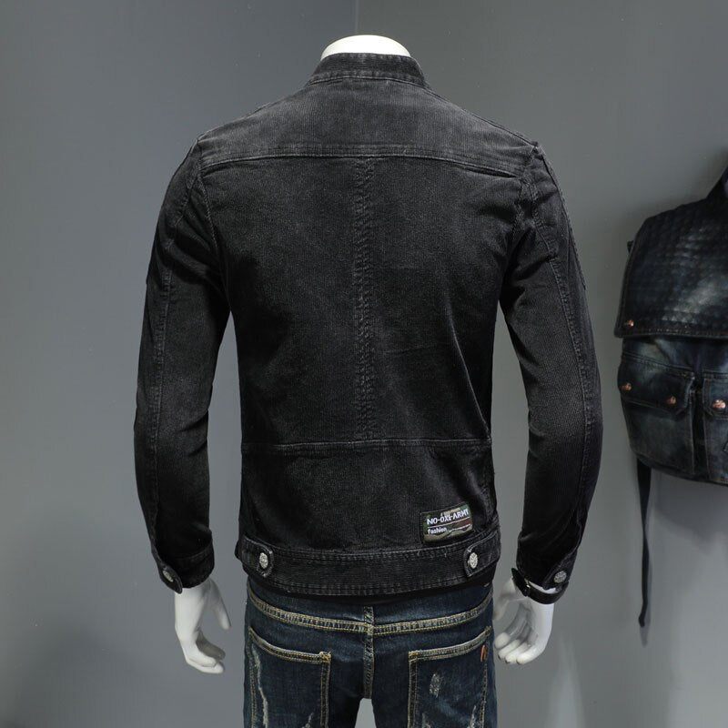 Corduroy Jeans Jakke Mænd Denim Coat Bomber Motorcykel Stand Krave Langærmet Slank Street Sort Cowboy Outwear Tøj - Sort