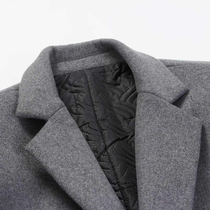 Efterår Og Vinter Uldjakke Til Mænd Med Lang Sektion Business Casual Klassisk Stil Slim Fit - Sort