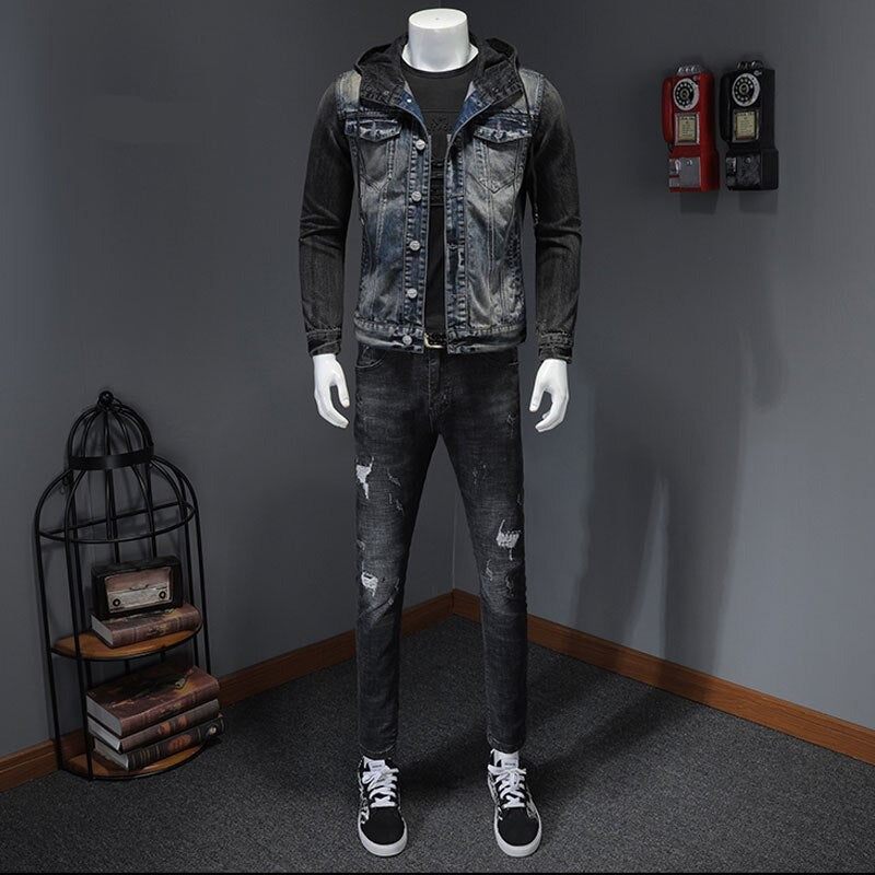 Europæisk Stil Hætte Farveblok Bombefly Pilot Blå Denim Jakke Mænd Jeans Frakker Motorcykel Afslappet Slankt Outwear Tøj Overtræk - Denim Blå