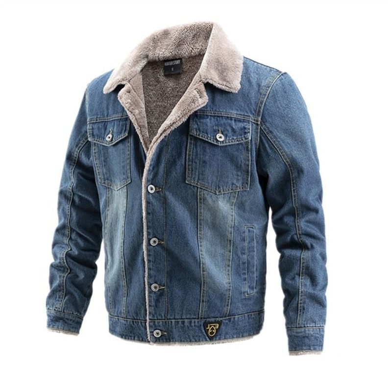 Fløjlstyk Denimjakke Mænd Casual Revers Bomuld Jeans Jakke Pelskrave Varm Vinter Herre Jakker Og Frakker - Lyseblå