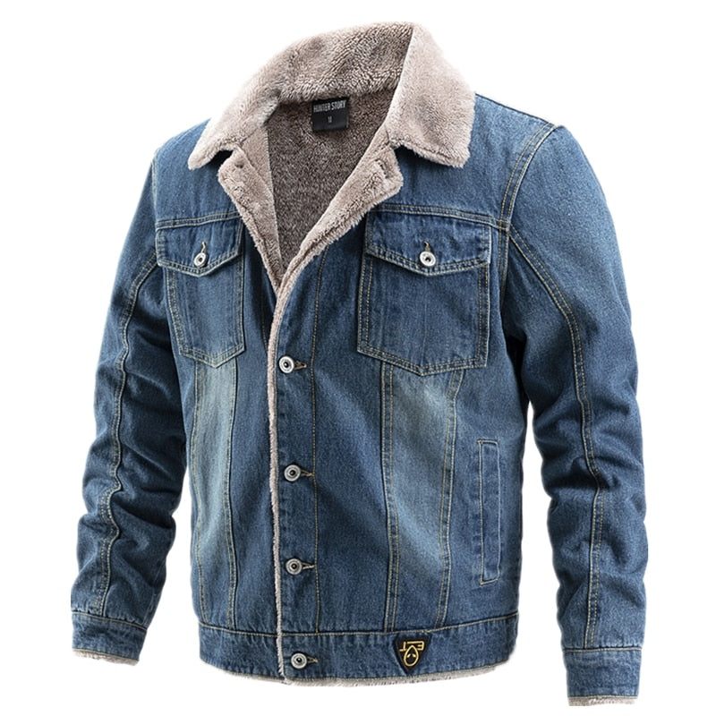 Fløjlstyk Denimjakke Mænd Casual Revers Bomuld Jeans Jakke Pelskrave Varm Vinter Herre Jakker Og Frakker - Lyseblå