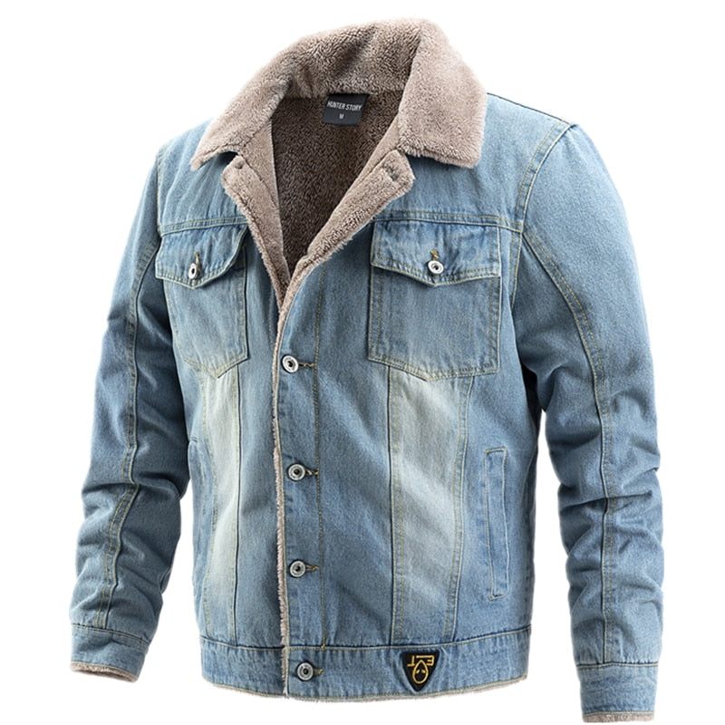 Fløjlstyk Denimjakke Mænd Casual Revers Bomuld Jeans Jakke Pelskrave Varm Vinter Herre Jakker Og Frakker - Lyseblå