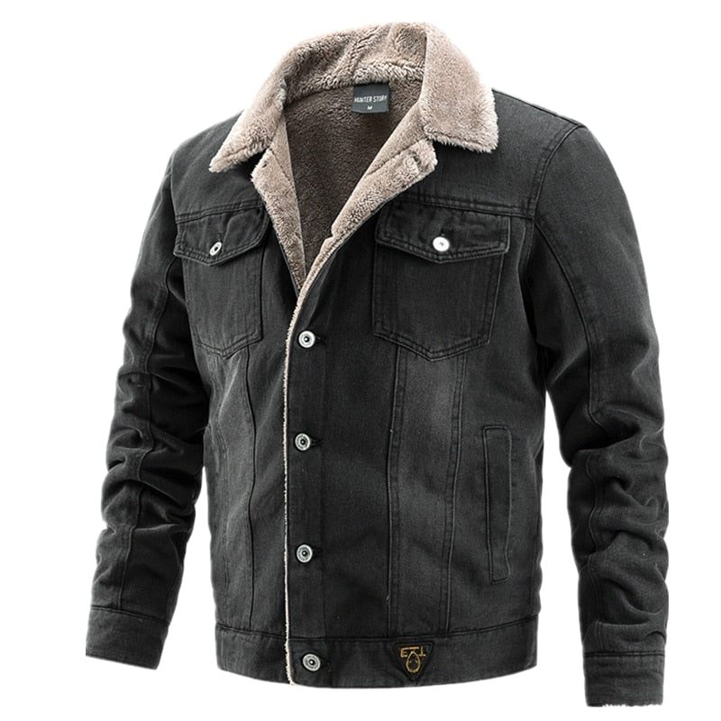 Fløjlstyk Denimjakke Mænd Casual Revers Bomuld Jeans Jakke Pelskrave Varm Vinter Herre Jakker Og Frakker - Lyseblå