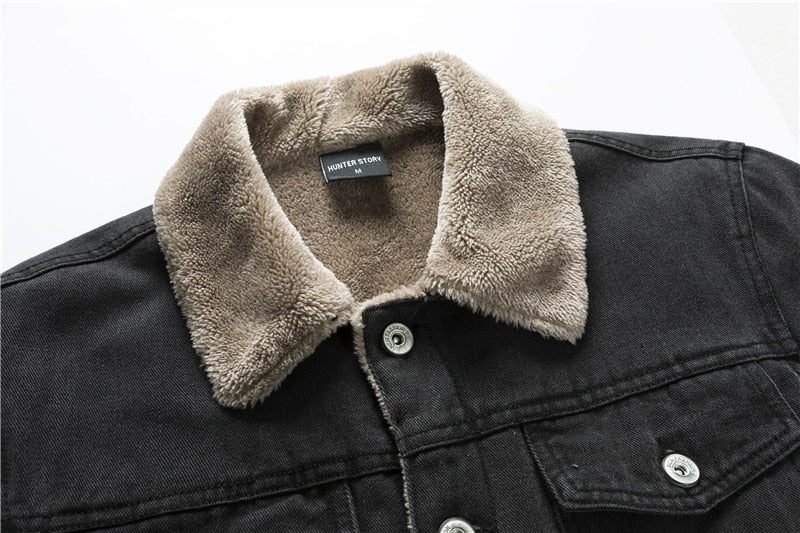 Fløjlstyk Denimjakke Mænd Casual Revers Bomuld Jeans Jakke Pelskrave Varm Vinter Herre Jakker Og Frakker - Lyseblå