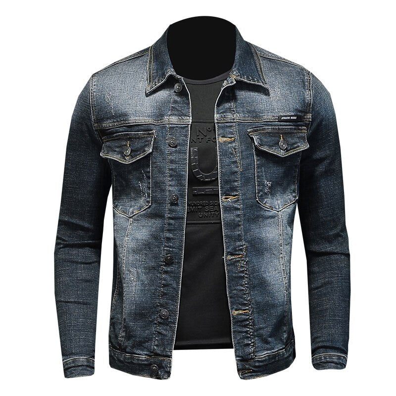 Forårs Denimjakke Mænd Jeans Frakke Bomuld Elasticitet Turndown-krave Langærmet Slankt Tøj Grå Blå Bomber - Sort